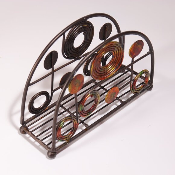Metal Napkin Holder Kitschy 60's Vibe Mid Century Patina Oxidized 4 Ball Feet - Picture 2 of 3